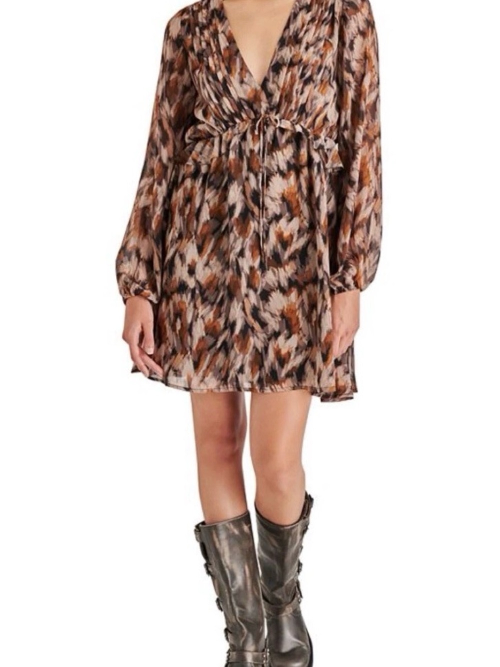 Steve Madden Rami V-Neck Mini Dress | Medium | Oak Buff Multicolor